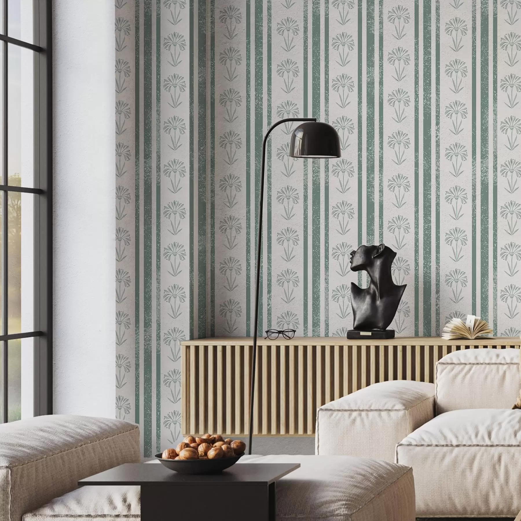 Papier peint photo Motif ruban avec fleurs dans les tons verts a00732