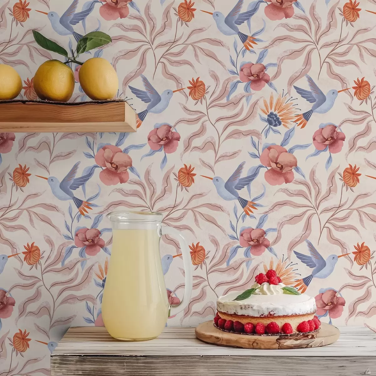 Behang Kolibries tussen grote bloemen in roze en blauwe tinten a00733