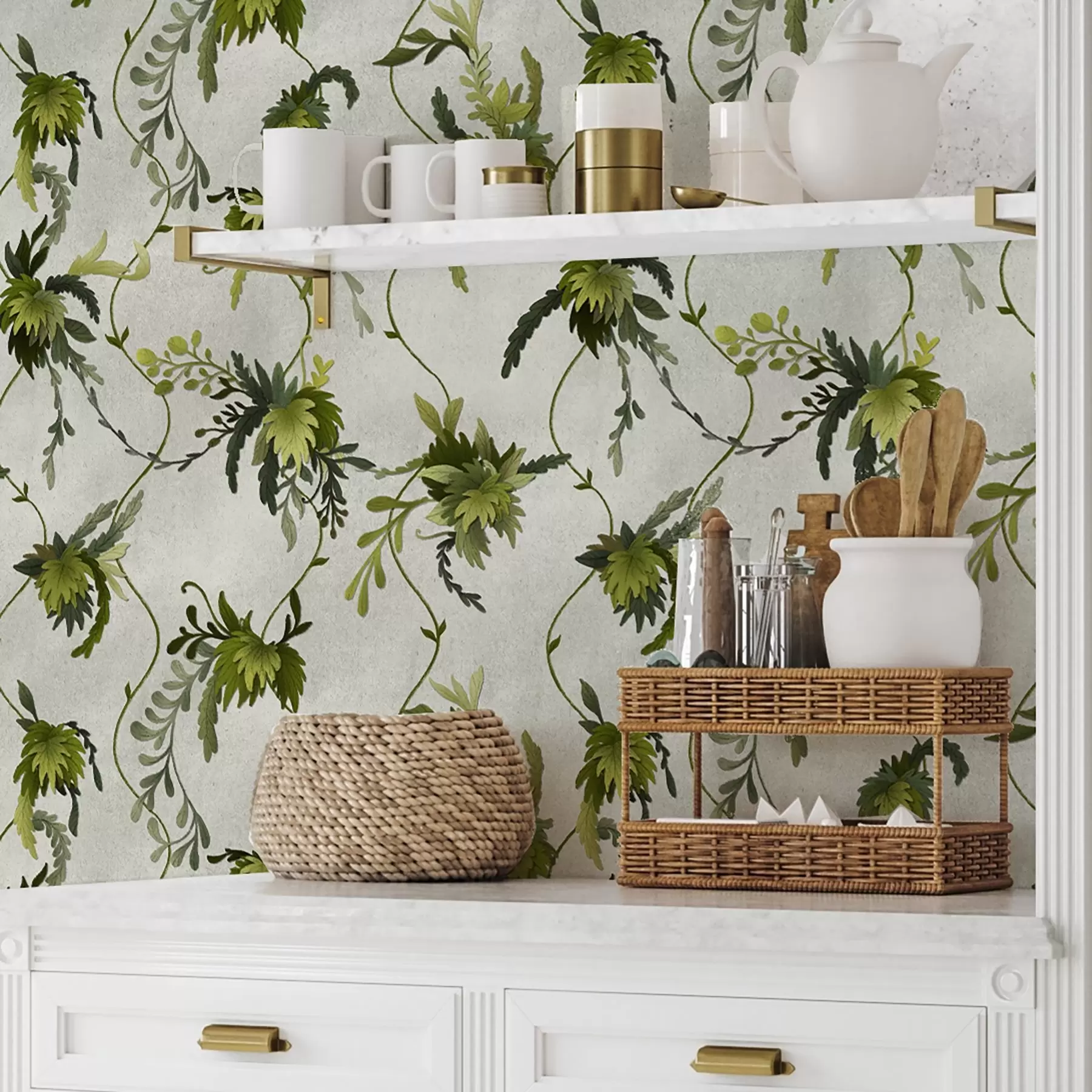 Papier peint photo Branches grimpantes avec des feuilles sur un fond clair a00806