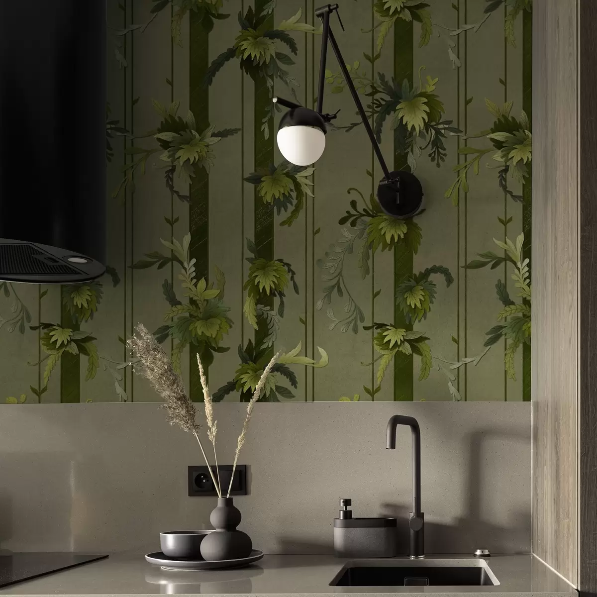 Behang Druivenbladeren en trossen in lichtgroene aquareltinten a00807