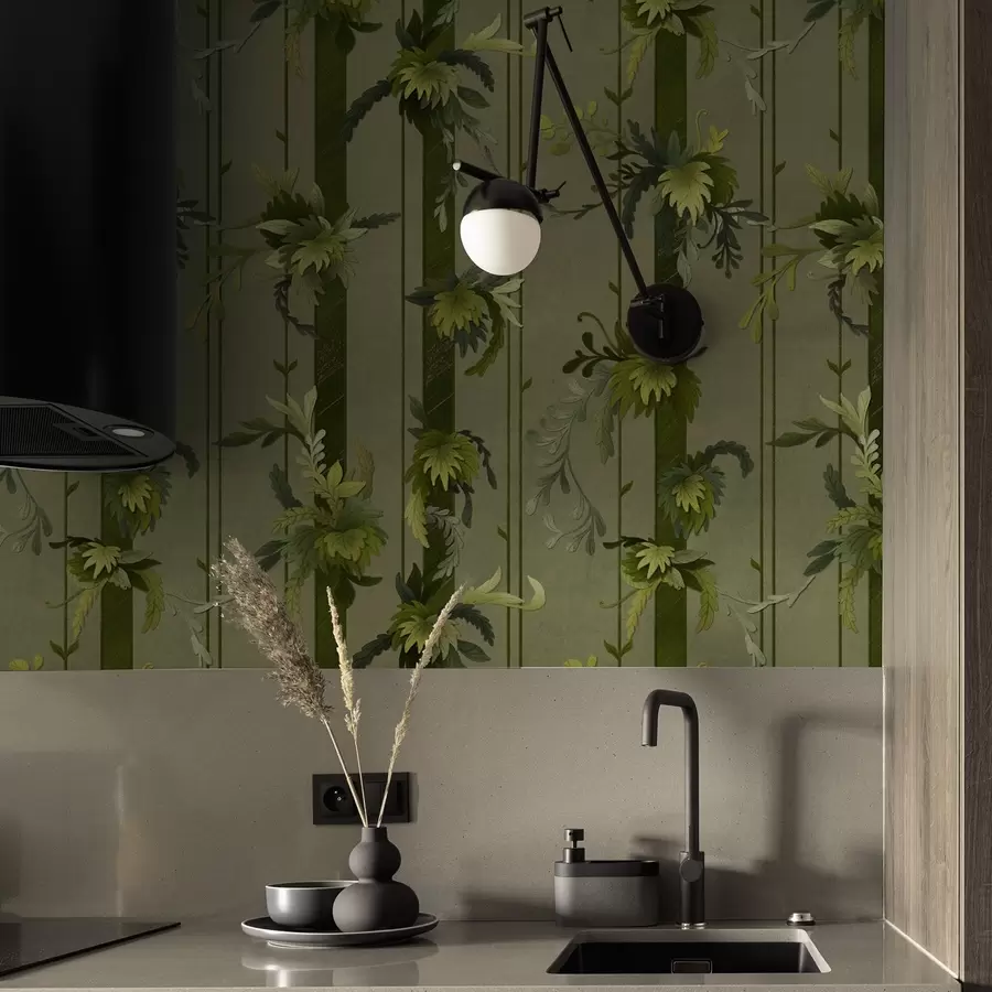 Fotobehang Druivenbladeren en trossen in lichtgroene aquareltinten a00807