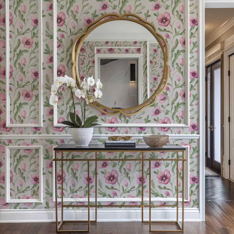 Fotobehang Delicate roze klaprozen met bladeren in aquareltechniek a00830