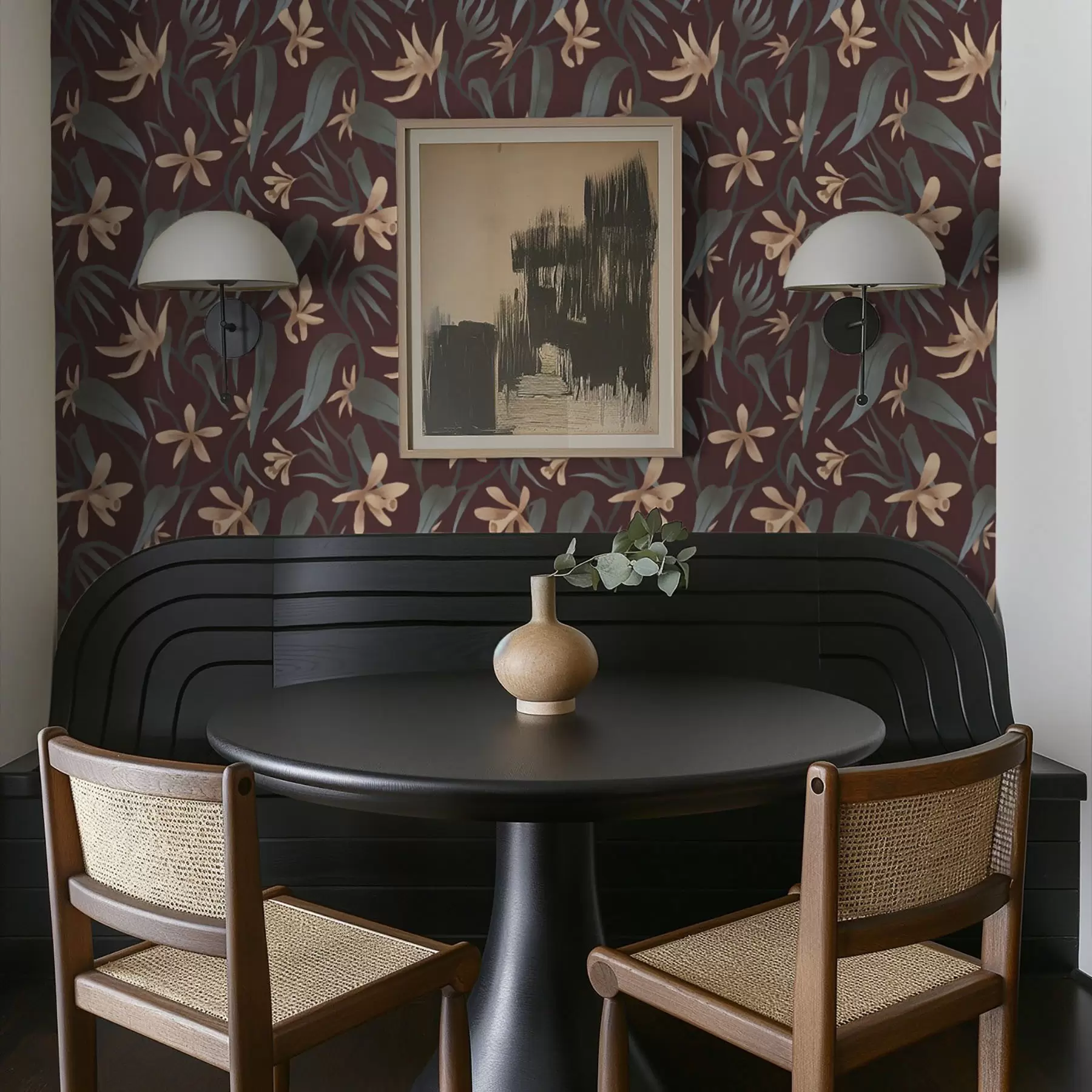 Fotobehang Crèmekleurige bloemen met grijze bladeren op een bordeauxrode achtergrond a00833