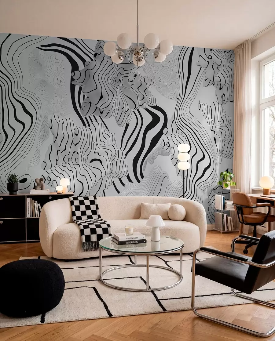 Fotobehang abstracte organische vormen in 3D-stijl in witte en grijze tinten met zwarte strepen w04627