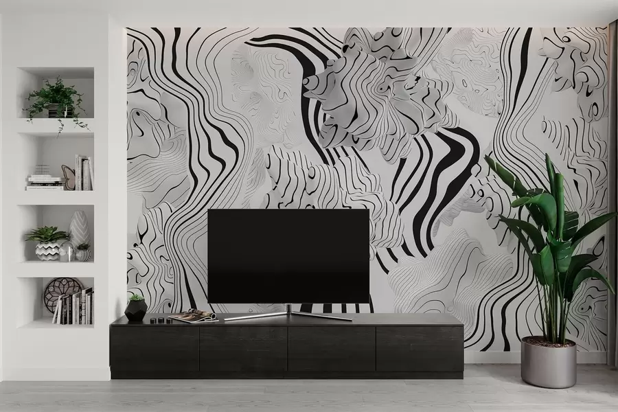 Fotobehang abstracte organische vormen in 3D-stijl in witte en grijze tinten met zwarte strepen w04627