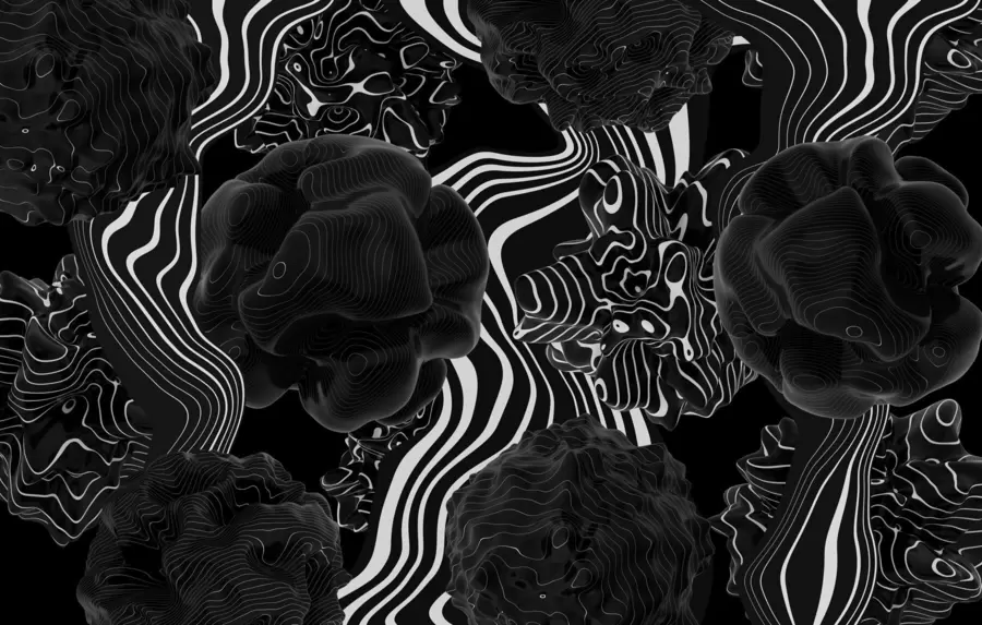 Fotobehang abstracte organische vormen in 3D-stijl in zwarte tinten met witte strepen w04628