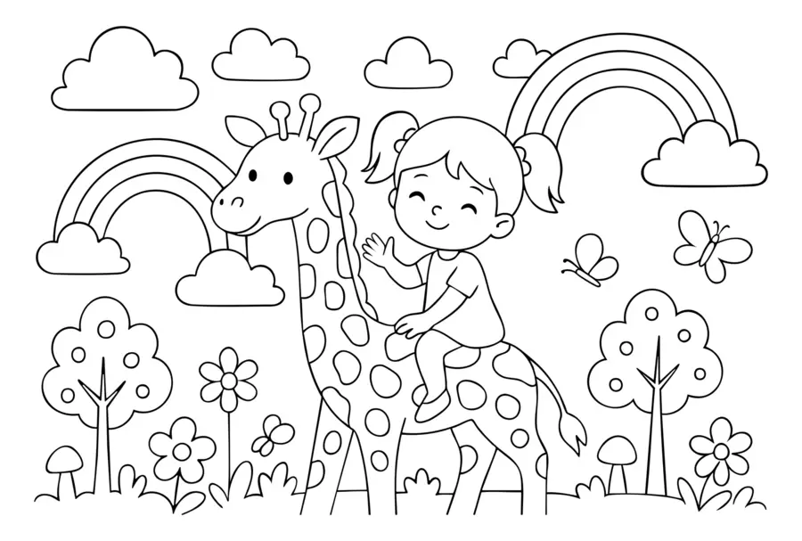 Fotobehang zwart-witte tekening van een meisje op een giraf in de stijl van een kleurboek voor kinderen w04753