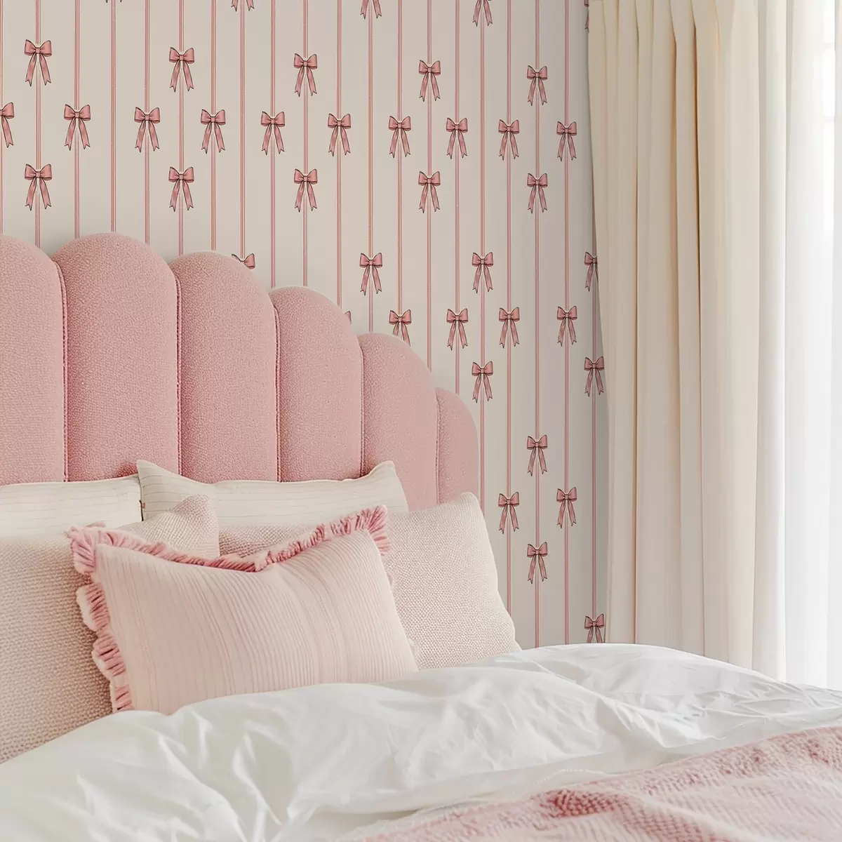 Behang Verticale linten met strikken, ivoorkleurige achtergrond a00653