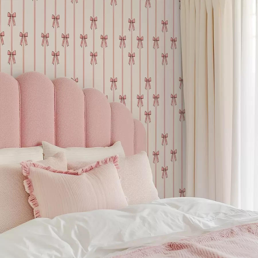 Fotobehang Verticale linten met strikken, ivoorkleurige achtergrond a00653