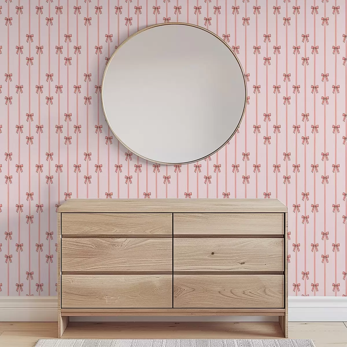 Papier peint Rubans verticaux avec nœuds, fond rose poudré a00653v2