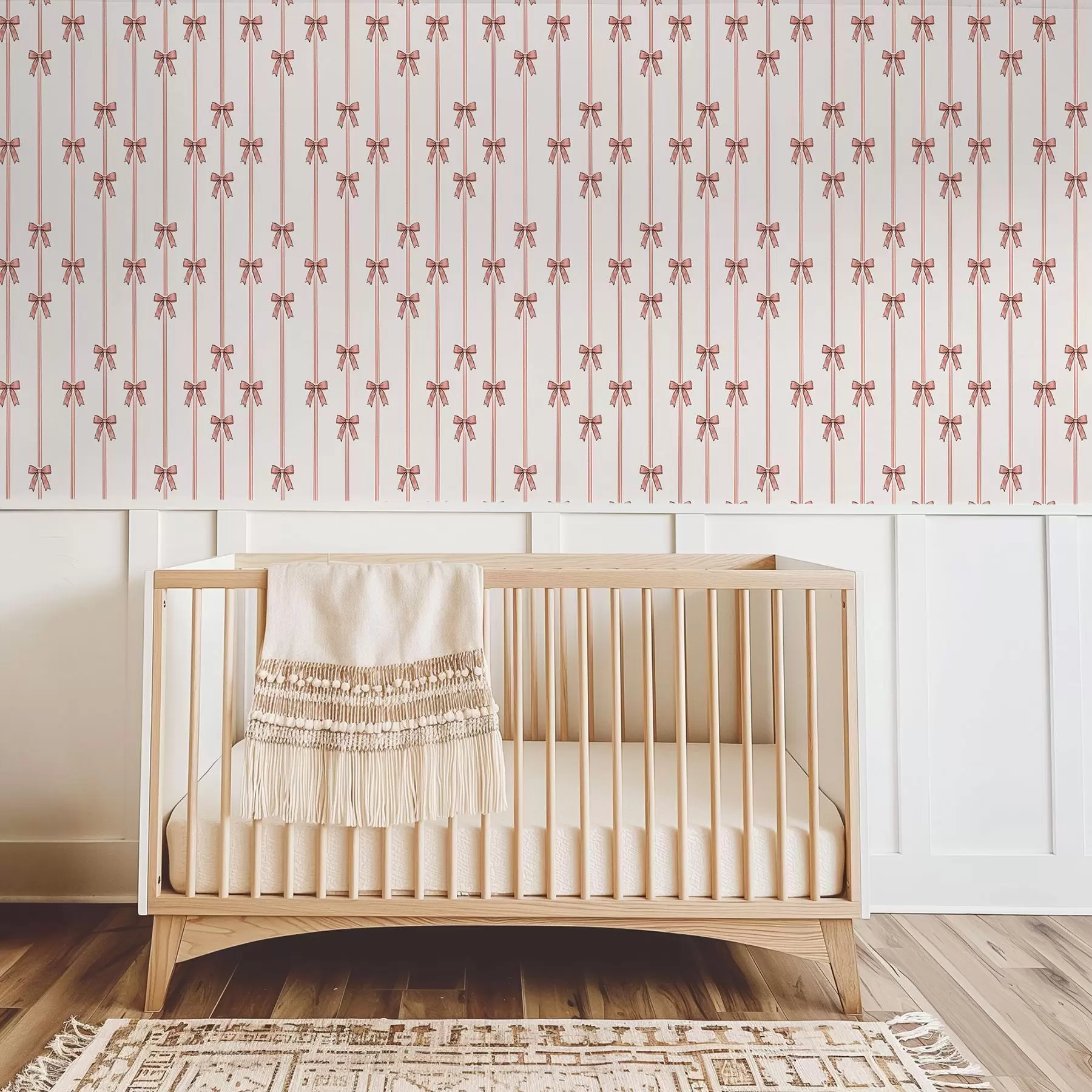 Fotobehang Verticale linten met strikken, warm beige a00653v1