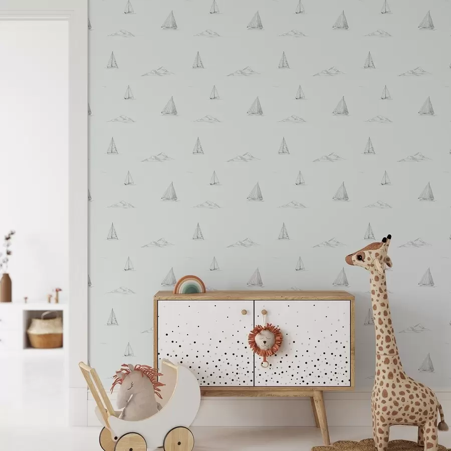 Papier peint photo Esquissez des yachts et des îles, sur fond bleu-gris frais a00654