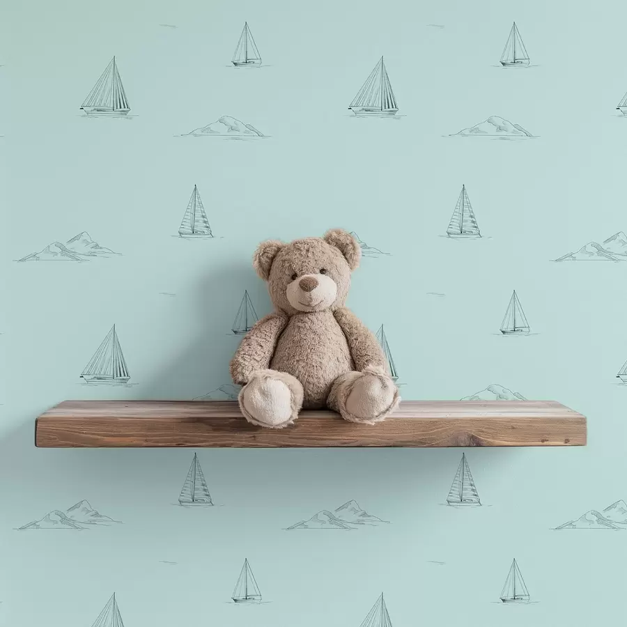 Fotobehang Schets jachten en eilanden, mintgroene achtergrond a00654v4