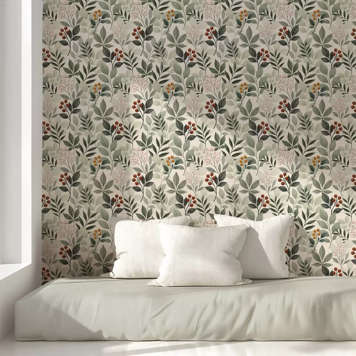 Papier peint Feuilles avec baies, fond clair a00713