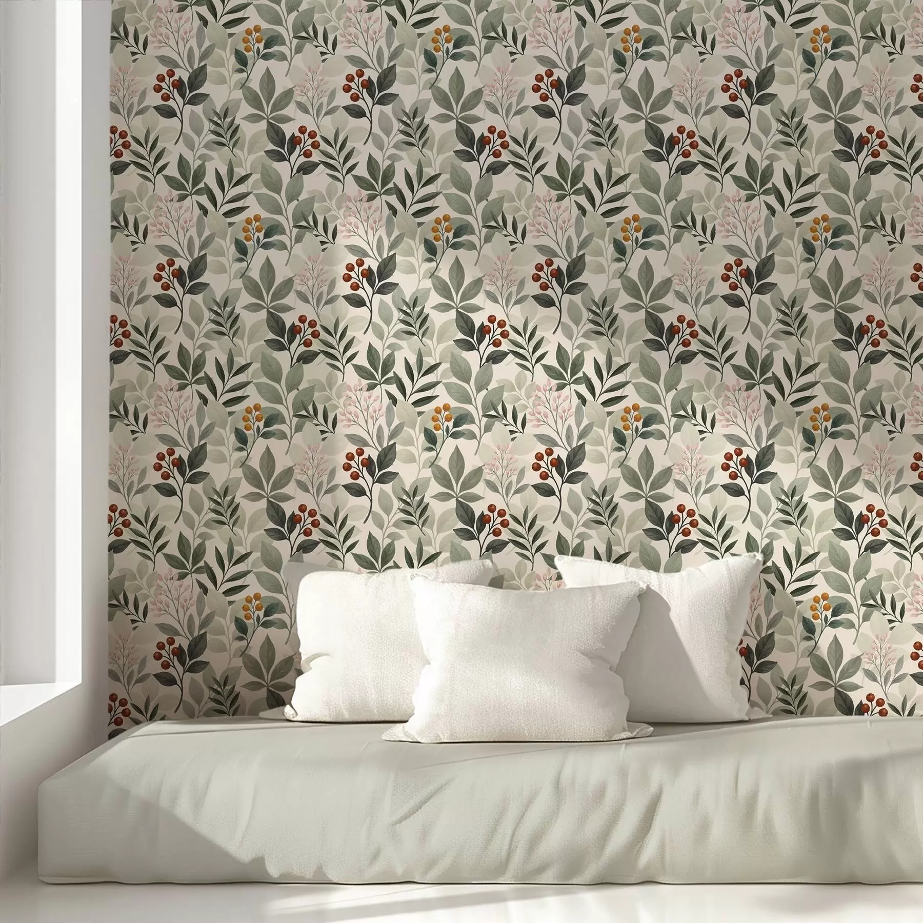 Papier peint photo Feuilles avec baies, fond clair a00713