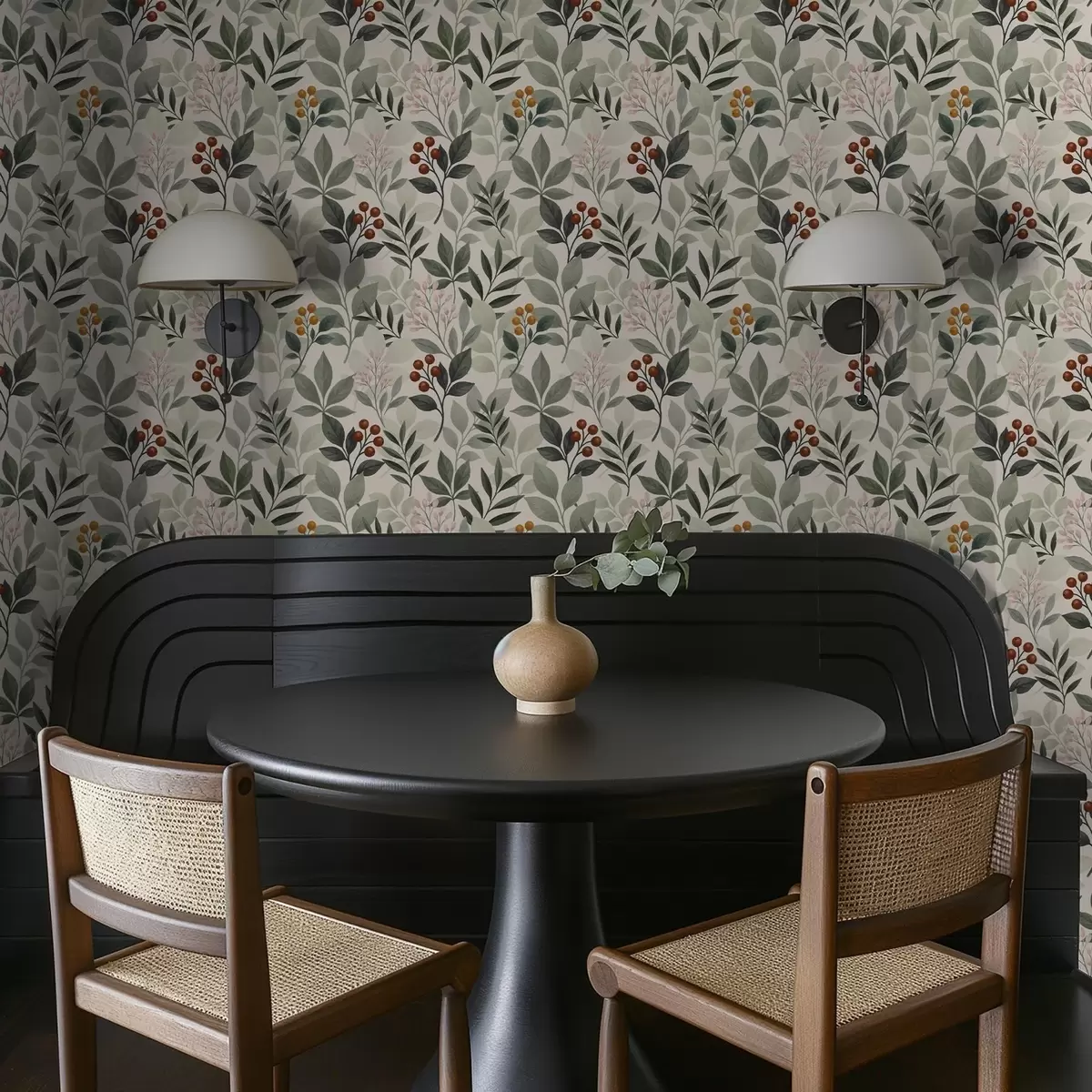 Papier peint Feuilles avec baies, fond clair a00713