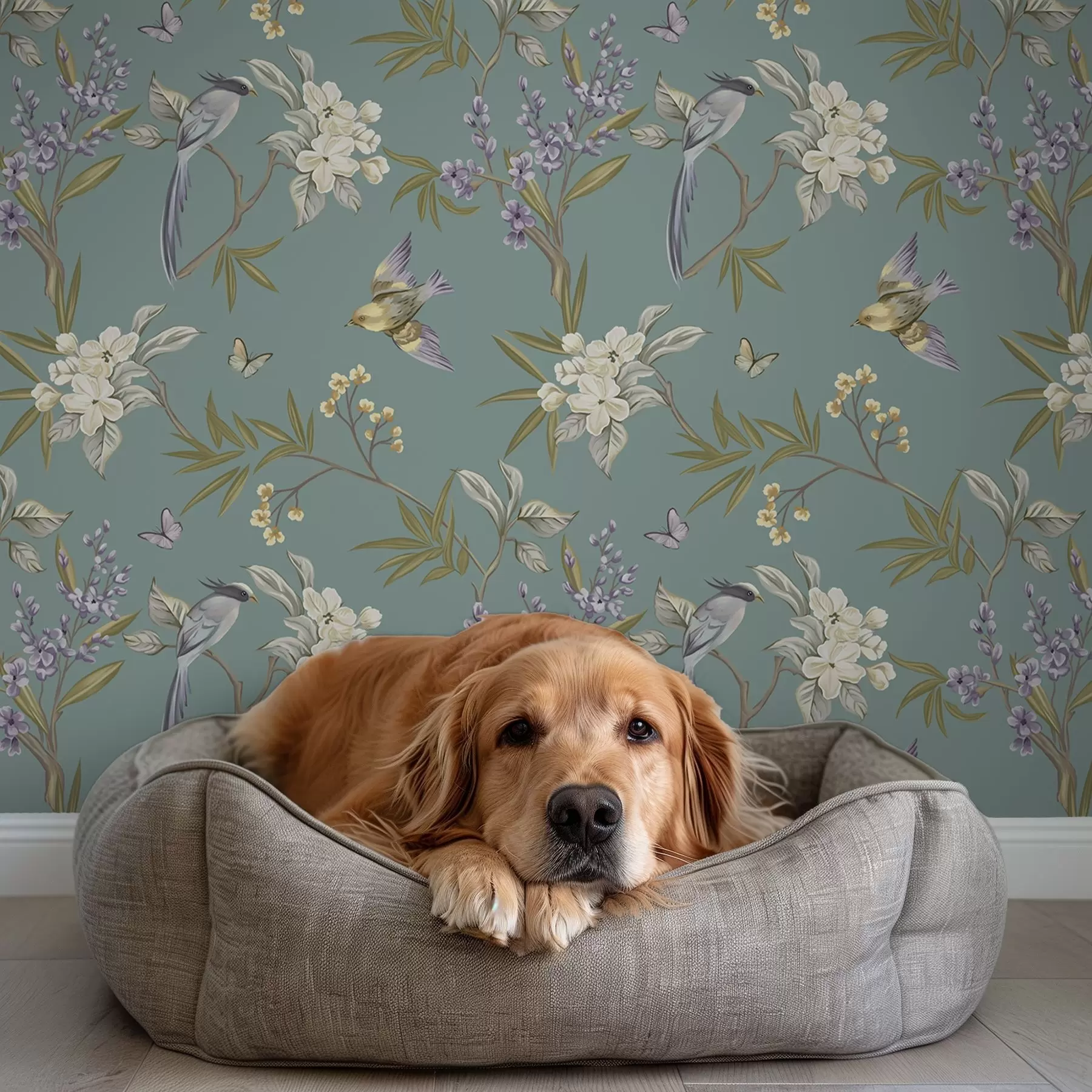 Fotobehang Vogels, bloemen en vlinders op een blauwgrijze achtergrond a00735