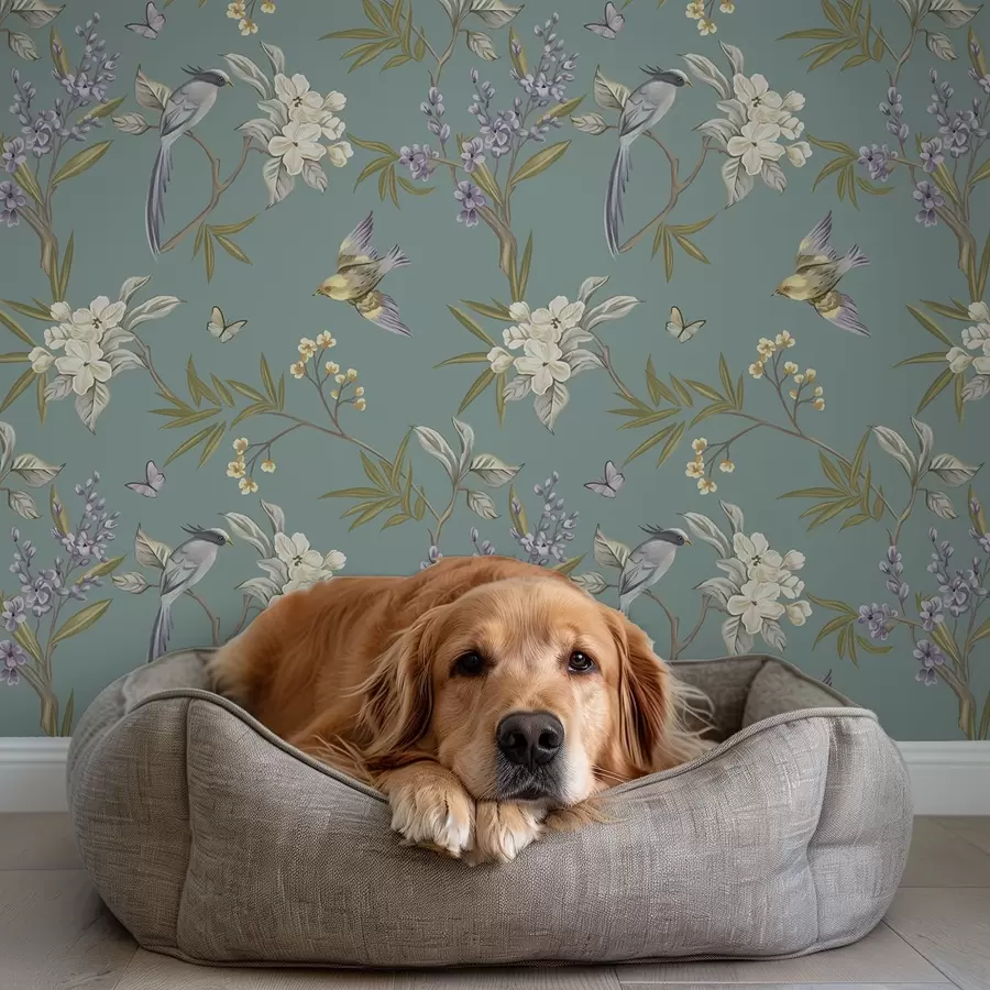 Fotobehang Vogels, bloemen en vlinders op een blauwgrijze achtergrond a00735