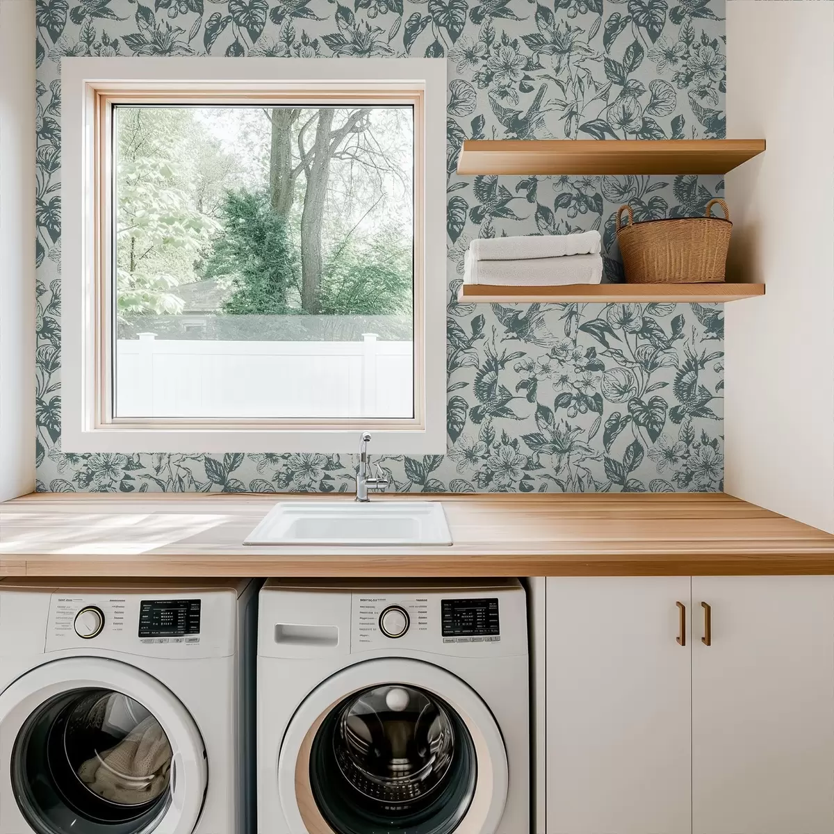 Behang Monochroom bloemenornament met vogels a00737