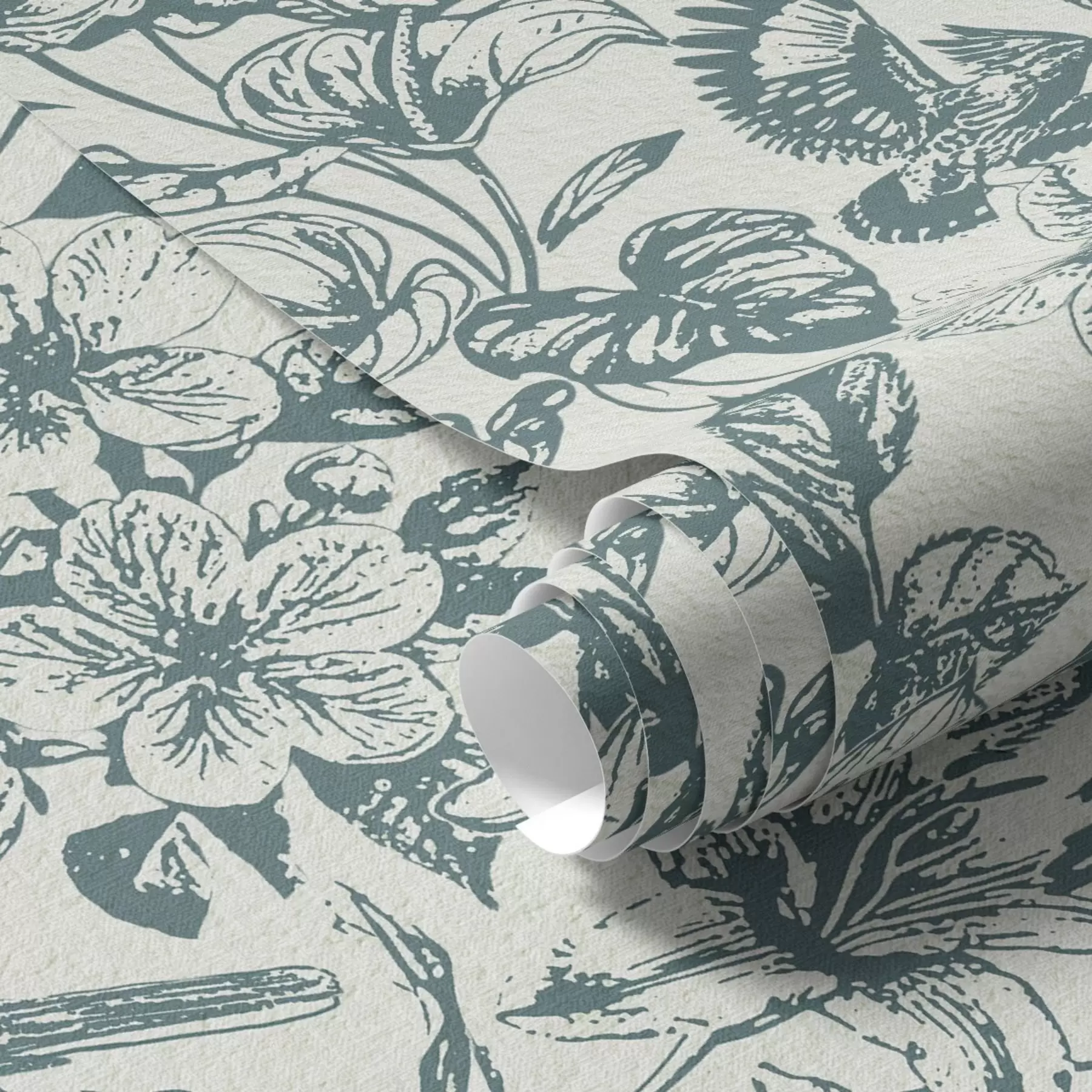 Papier peint photo Ornement floral monochrome avec des oiseaux a00737