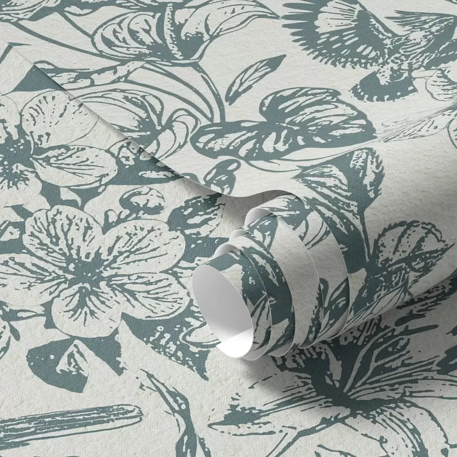 Fotobehang Monochroom bloemenornament met vogels a00737