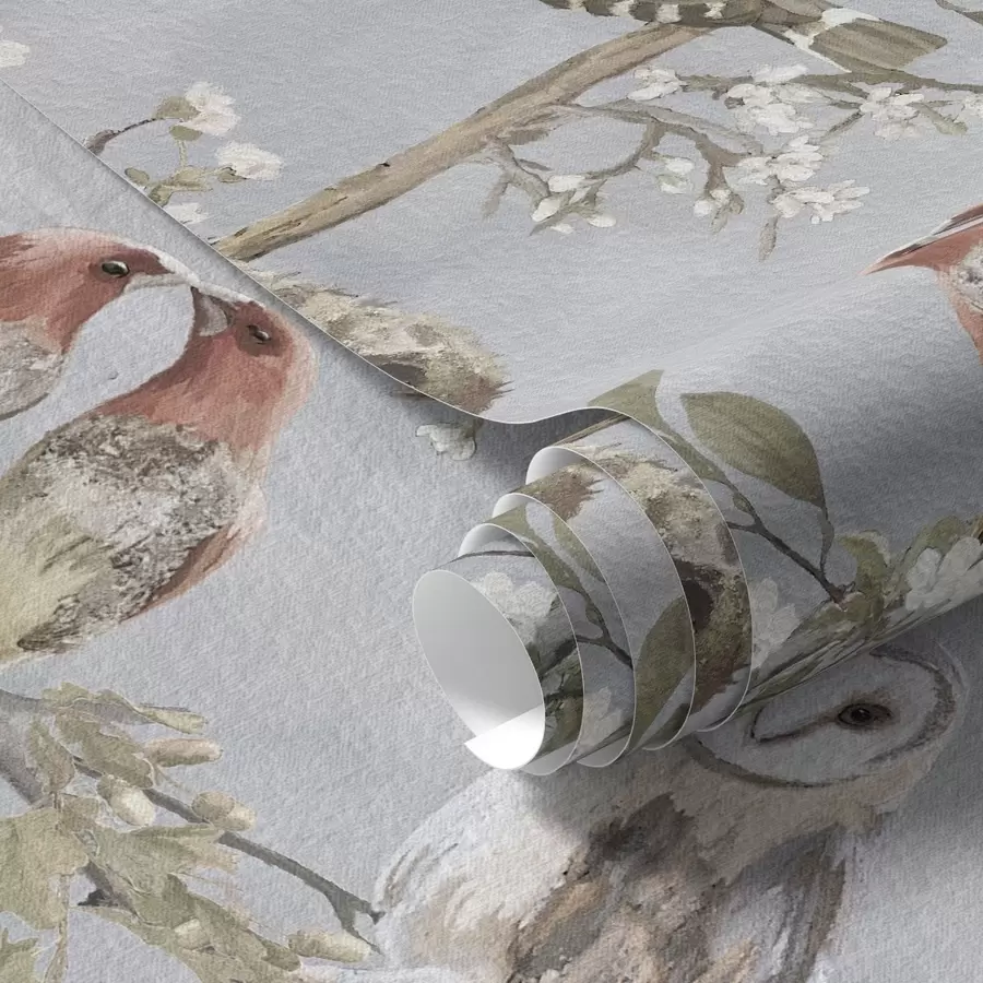 Papier peint photo Oiseaux sur des branches avec des fleurs sur fond gris a00738
