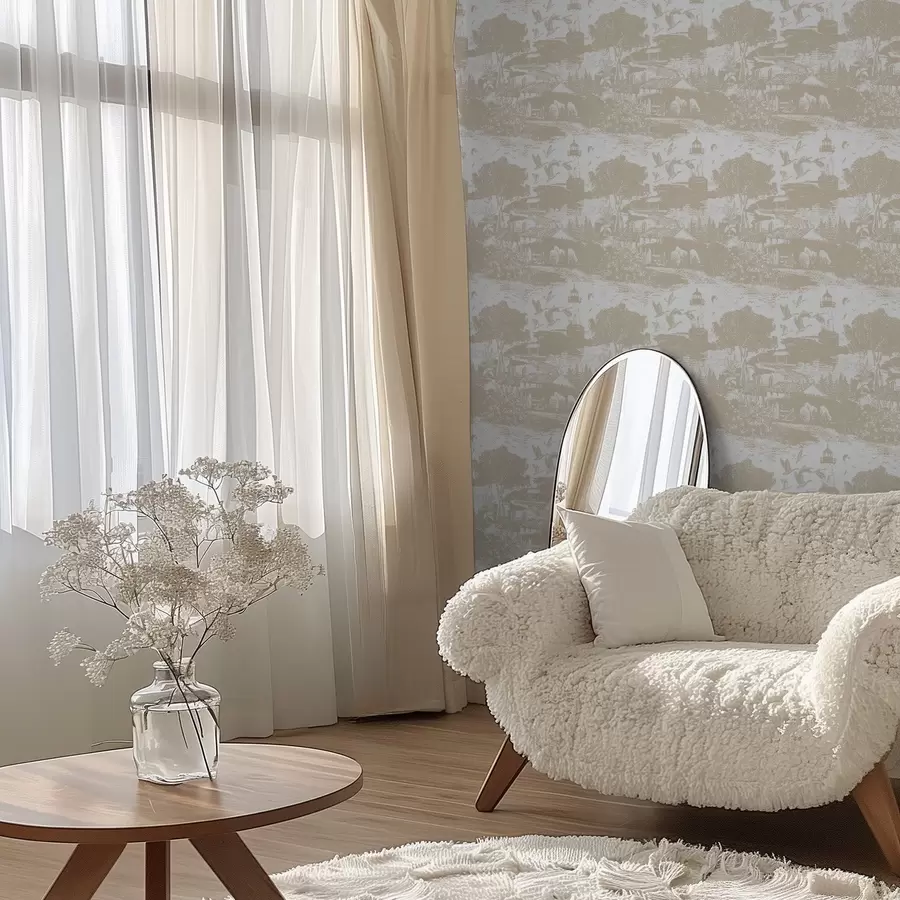 Fotobehang Scène met vuurtoren, bomen en huizen in sienna a00739