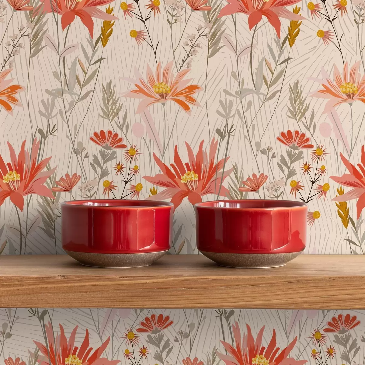 Behang Wilde bloemen in warme tinten op beige achtergrond a00751