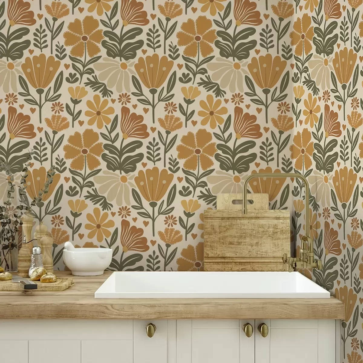 Behang Gestileerde bloemen in warme tinten met hartjes a00752