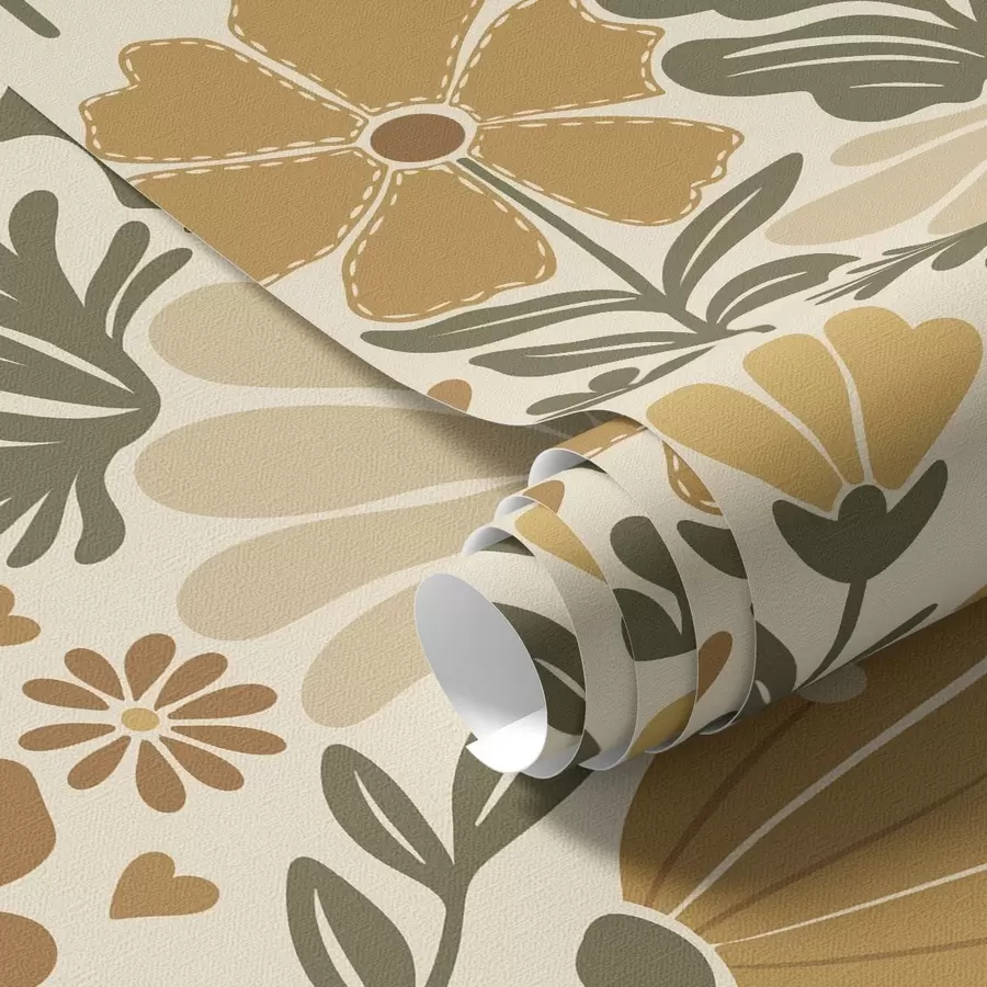 Papier peint photo Fleurs stylisées dans des tons chauds avec des cœurs a00752