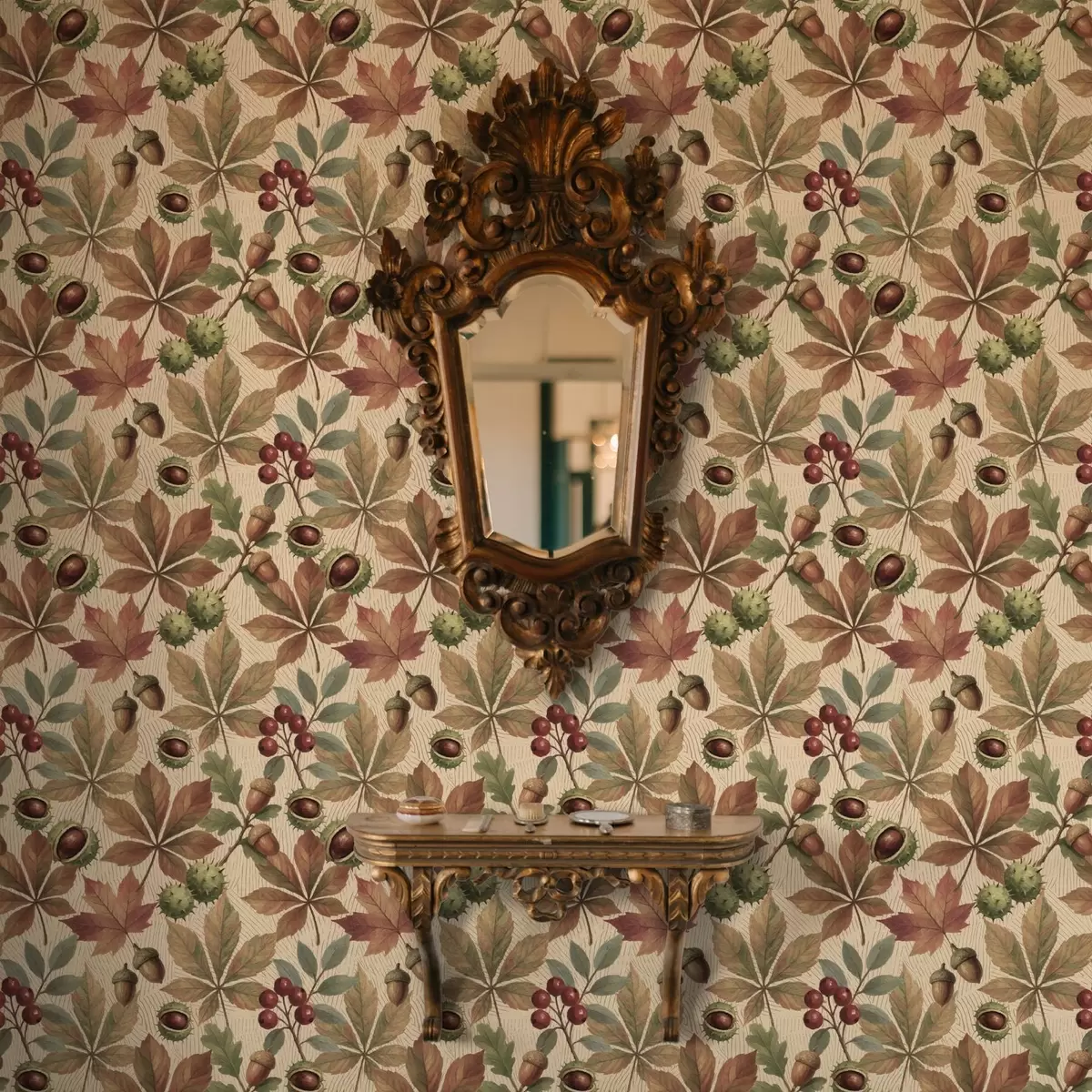 Behang Herfstbladeren, eikels en bessen op beige achtergrond a00754