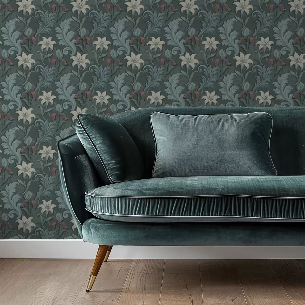 Papier peint Fond vert foncé avec des iris et des feuilles décoratives a00755