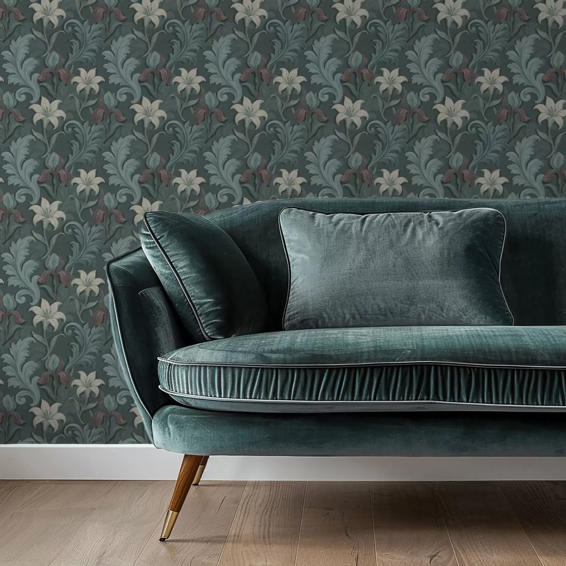 Papier peint photo Fond vert foncé avec des iris et des feuilles décoratives a00755