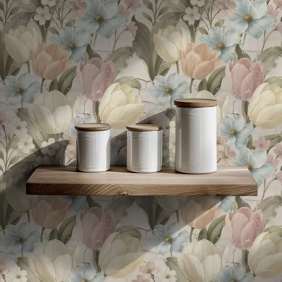 Behang Pastelkleurige tulpen en bloemen op een licht gebarsten achtergrond a00756