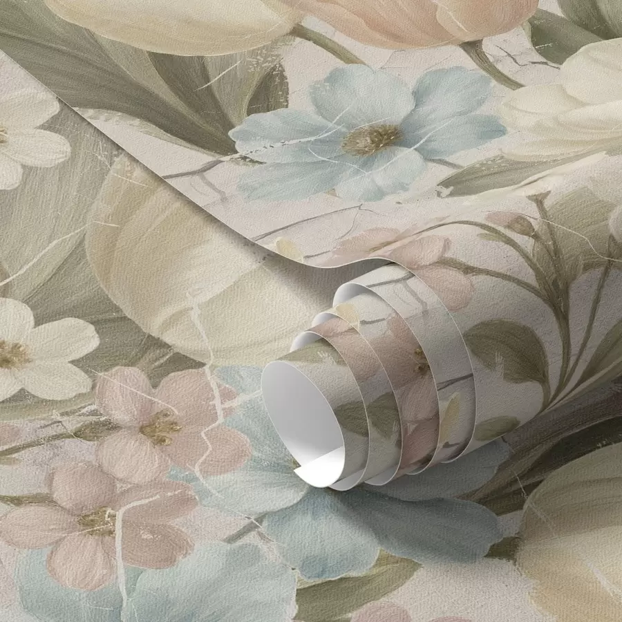 Papier peint photo Tulipes et fleurs pastel sur fond clair craquelé a00756