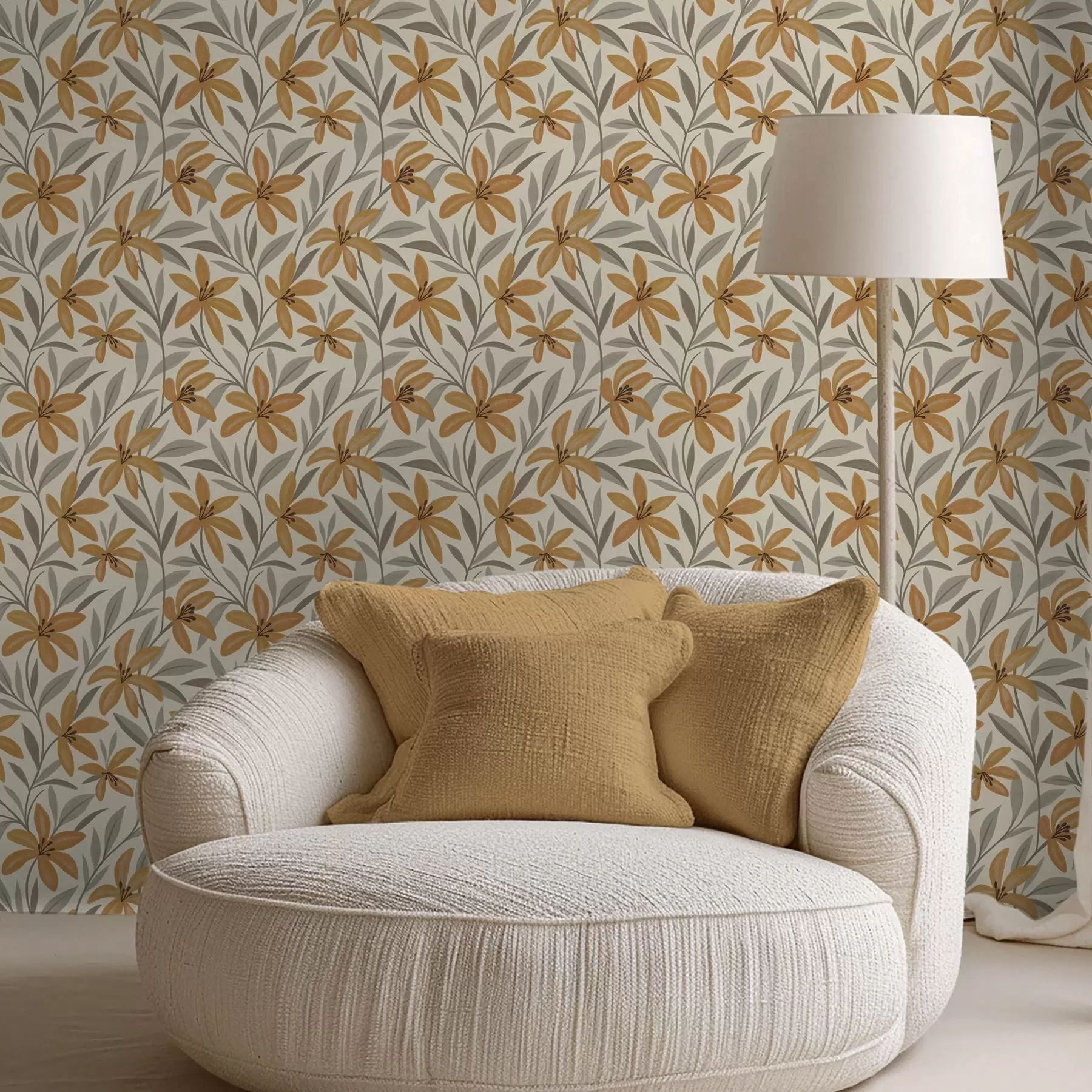 Papier peint photo Lys jaunes et feuilles gris-vert sur fond clair a00757