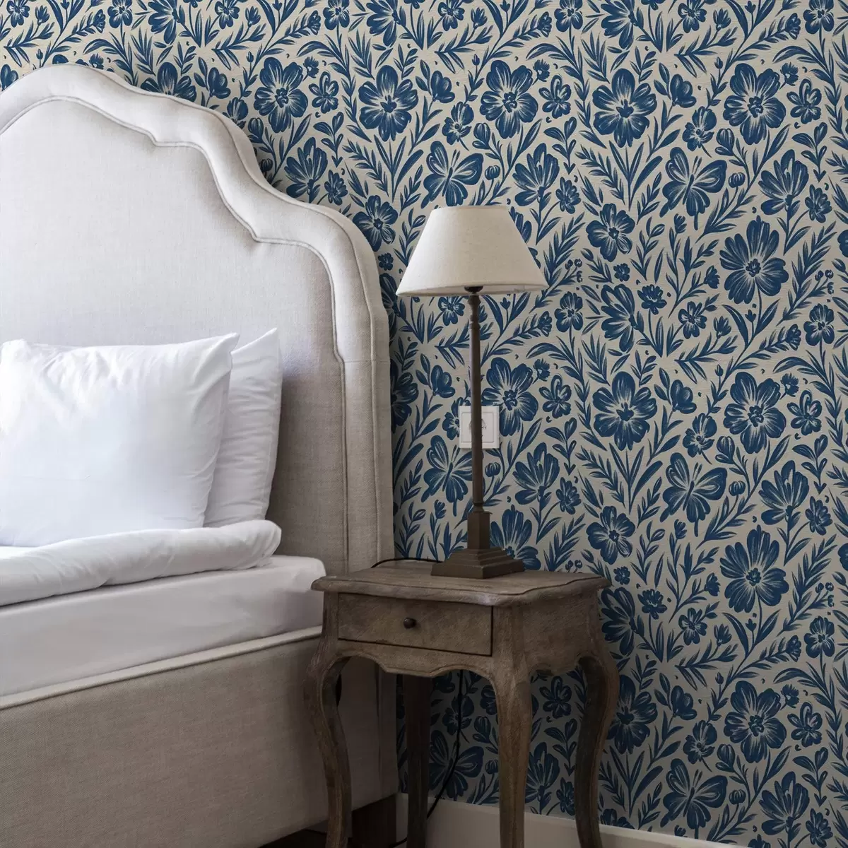 Behang Blauw bloemenornament met vlinders a00758