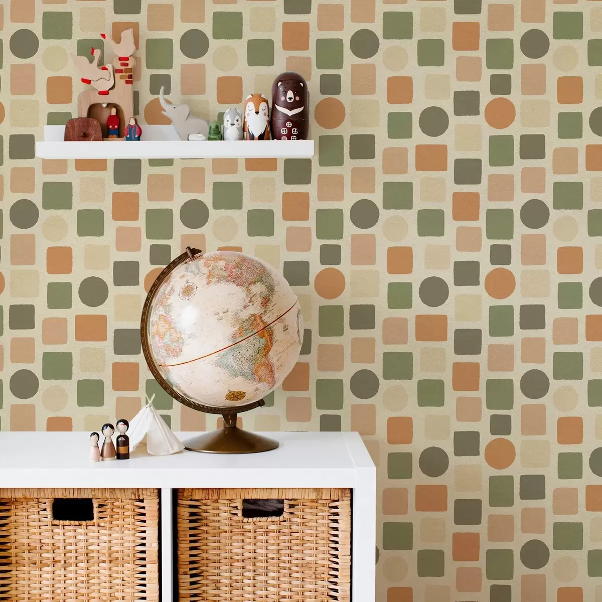 Behang Geometrisch patroon van vierkanten en cirkels in warme tinten a00759