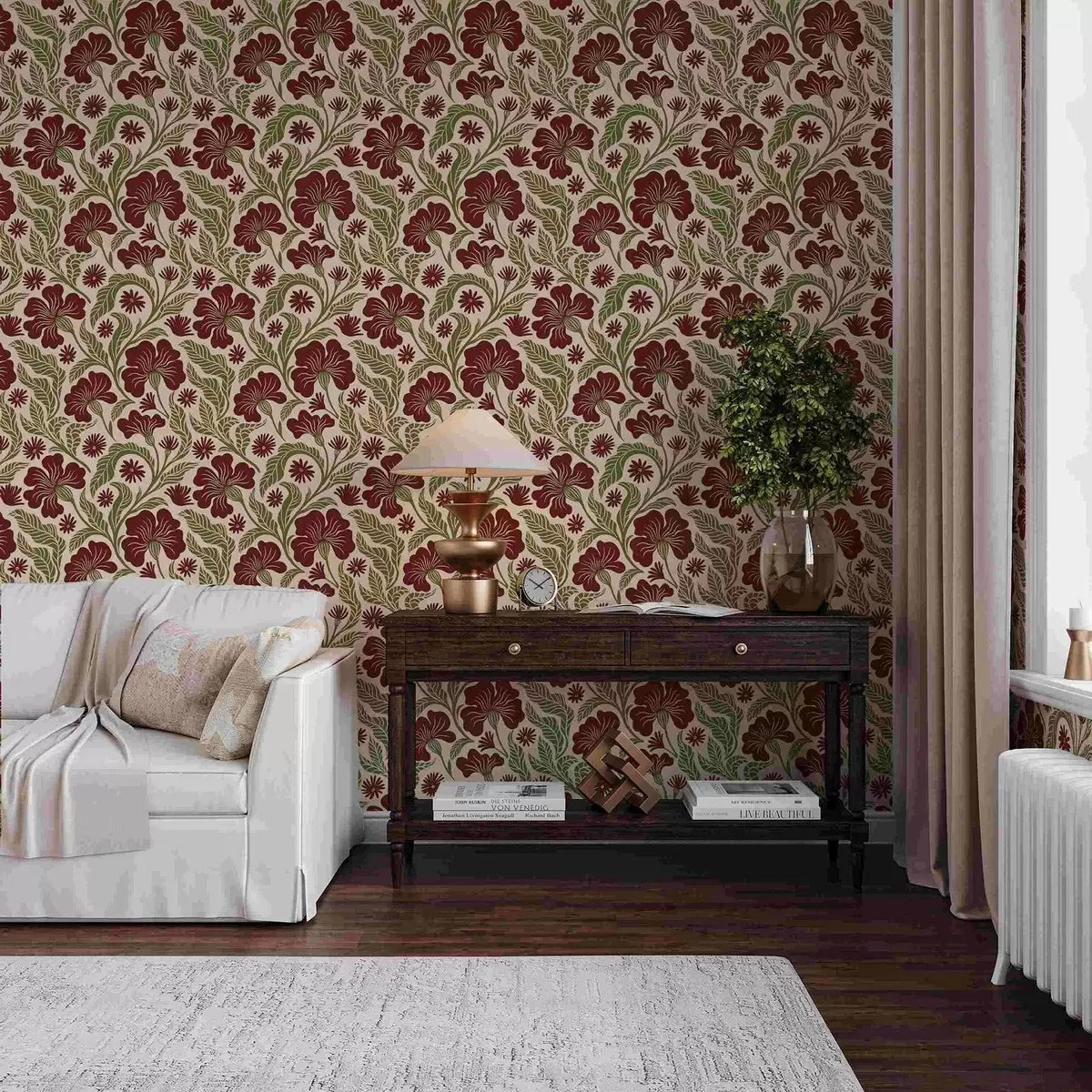 Behang Bordeauxrode bloemen met groene bladeren op een lichte achtergrond a00761