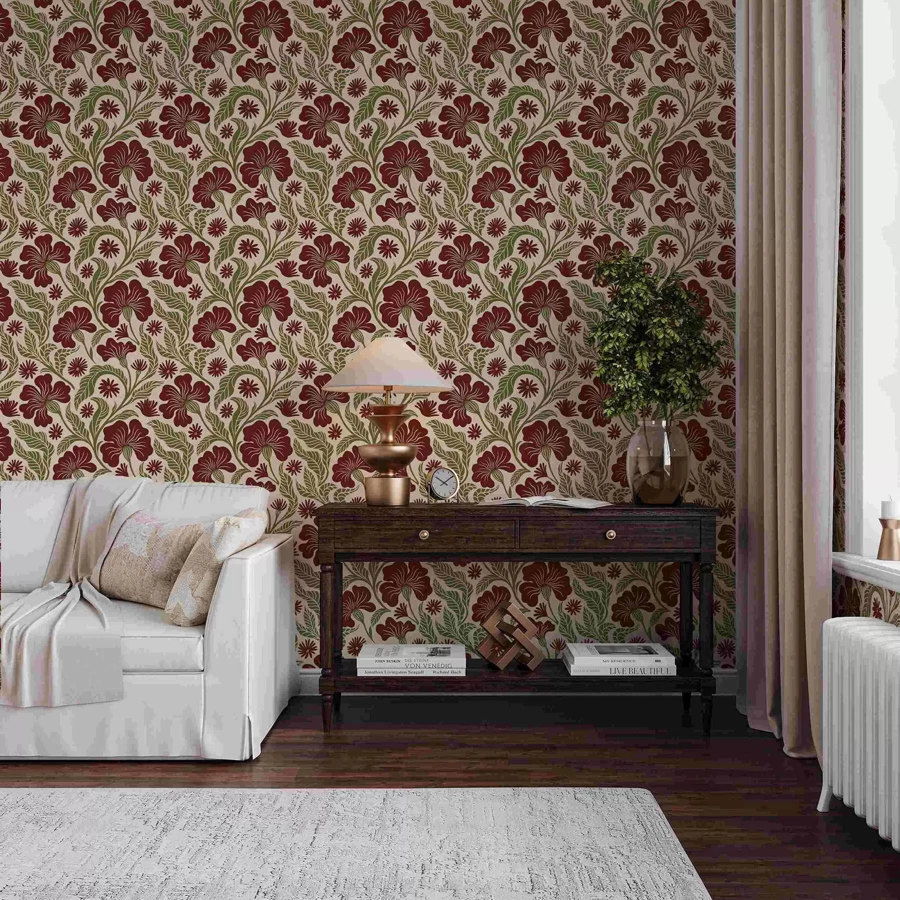 Papier peint photo Fleurs bordeaux avec feuilles vertes sur fond clair a00761