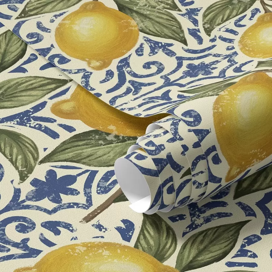 Papier peint photo Branches de citron sur fond bleu décoratif a00763