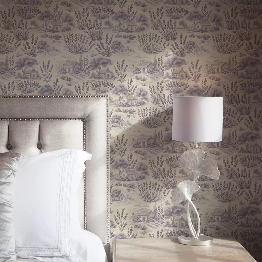 Papier peint photo Champs de lavande et maisons aux tons pastel a00765