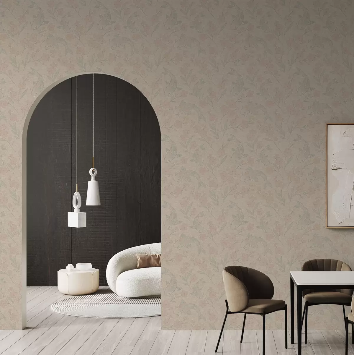 Papier peint Carpes parmi les fleurs dans des tons doux beige-rose a00766