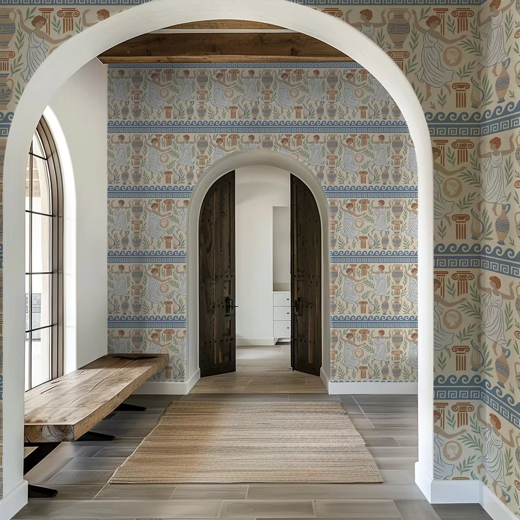 Papier peint photo Ornement grec antique avec des personnages, des vases et des colonnes a00768