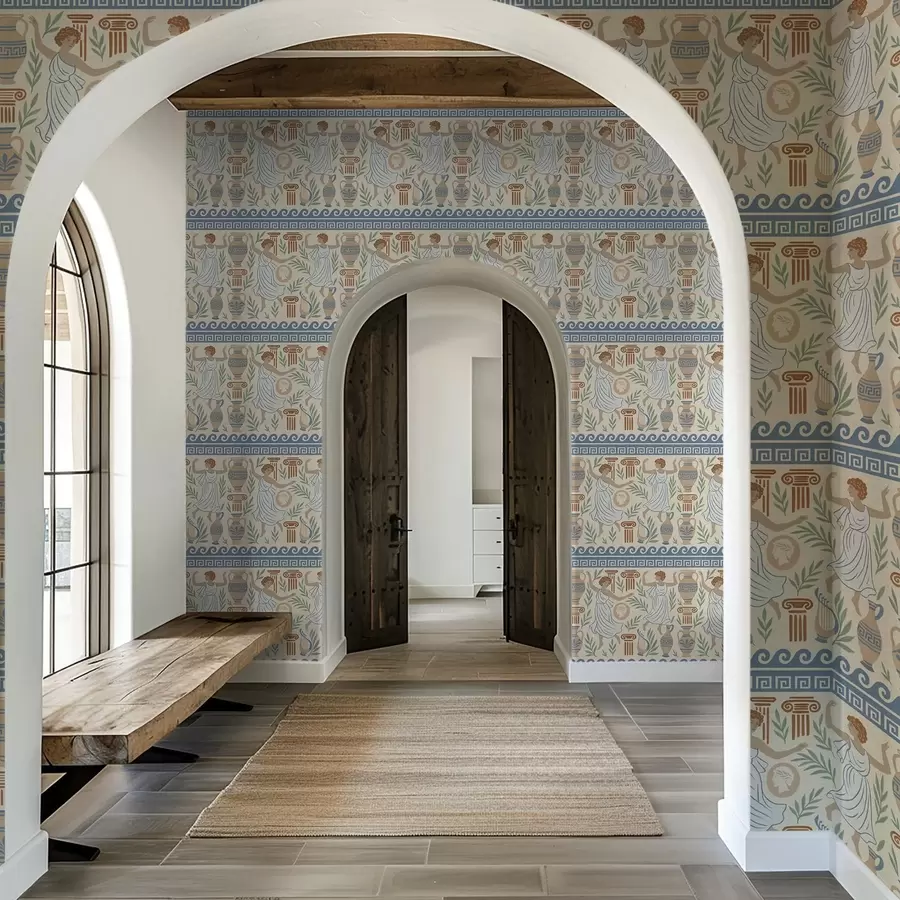 Papier peint photo Ornement grec antique avec des personnages, des vases et des colonnes a00768