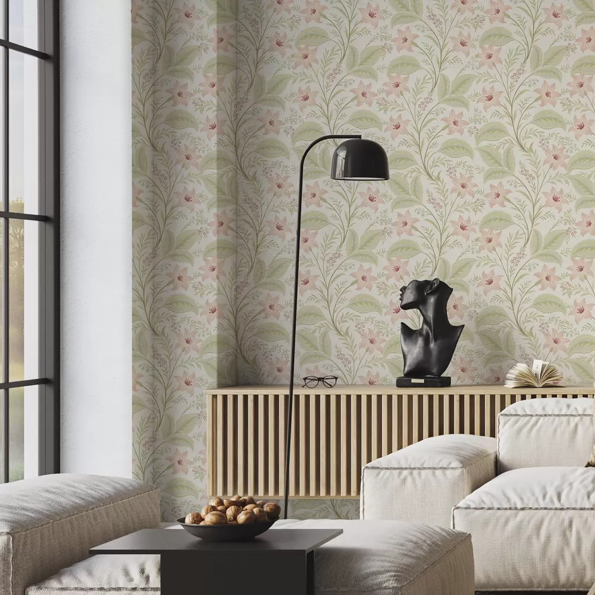 Behang Delicate bloemen en bladeren in pasteltinten a00771