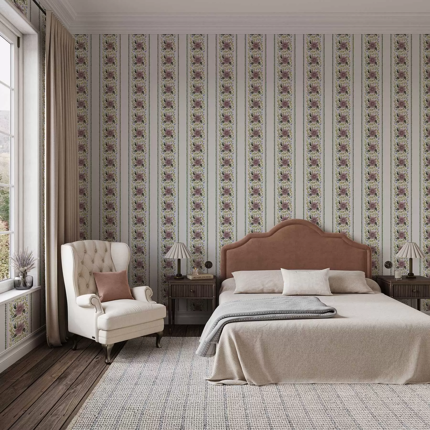 Fotobehang Verticale bloemenstrepen in lila-blauwe tinten a00809