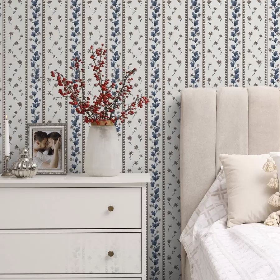 Papier peint photo Rayures florales verticales dans les tons bleu-marron a00811v2