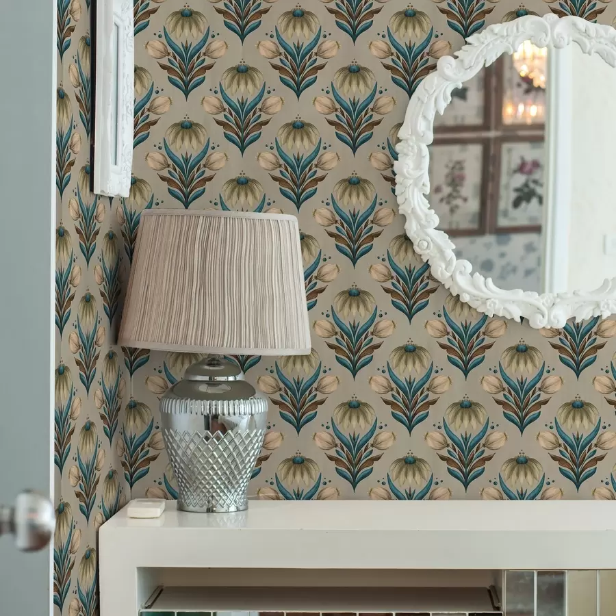 Papier peint photo Ornement floral symétrique dans des tons chauds a00812