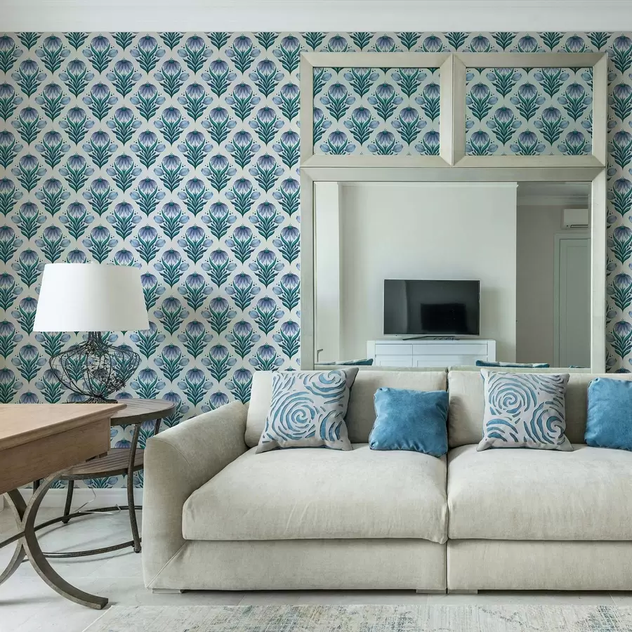 Papier peint photo Ornement floral symétrique dans des tons bleu-blanc a00812v2